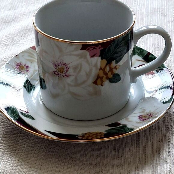 Tienshan Mug 8 piece Magnolia Flower Fine China Gold Trim Coffee Tea Cup - Picture 2 of 9